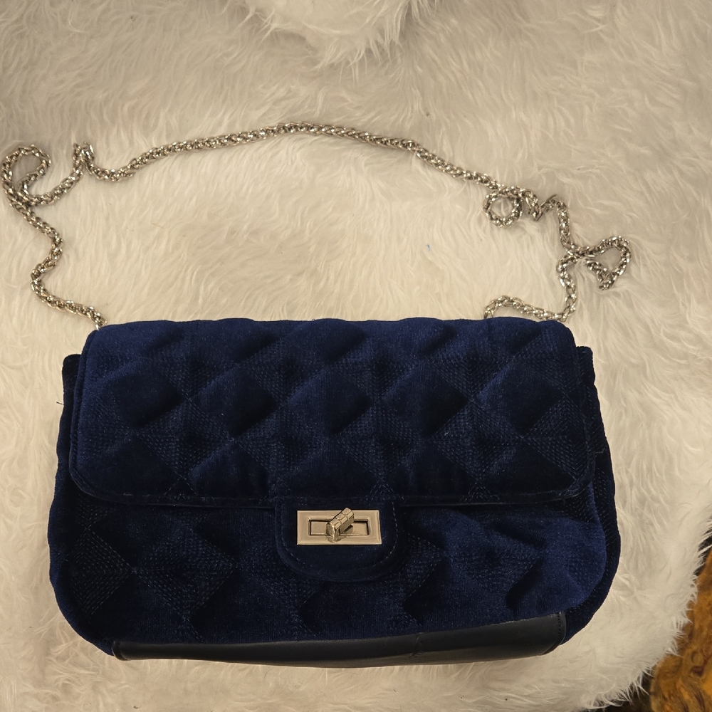 Charming Charlie Quilted Velvet Chain Shoulder Bag – Navy Blue